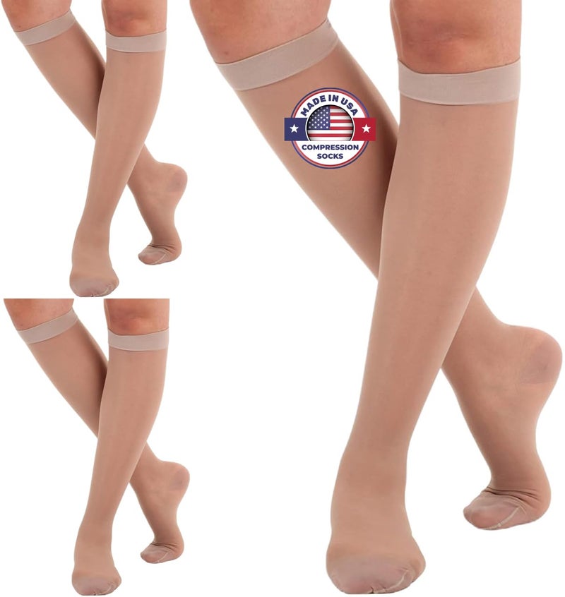 3 Pairs Closed Toe Made in USA Sheer Compression Socks for Women 1520mmHg Compression Stockings for Varicose Veins Circulation Thrombosis Embolism Nude Medium A101NU23